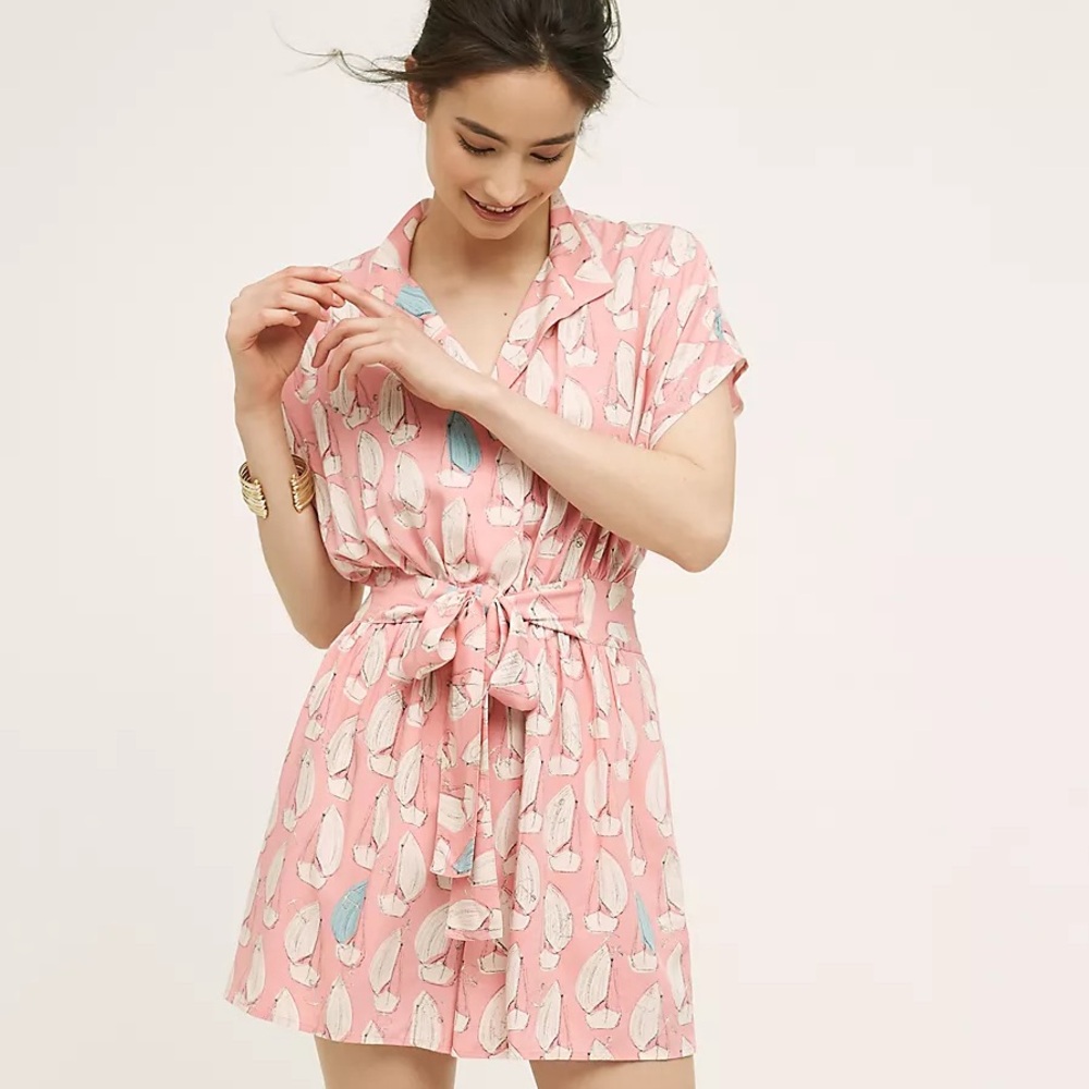 Anthropologie Maeve Tourista Romper Pink Sailboat size 4 Sailor Lightweight